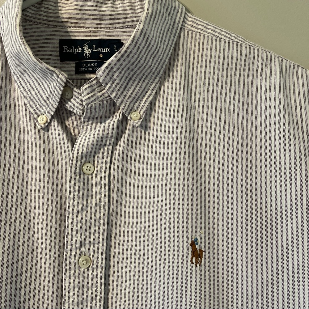 Mens Ralph Lauren Blaire 100% Cotton XL Short Sleeve Purple Striped Button Shirt